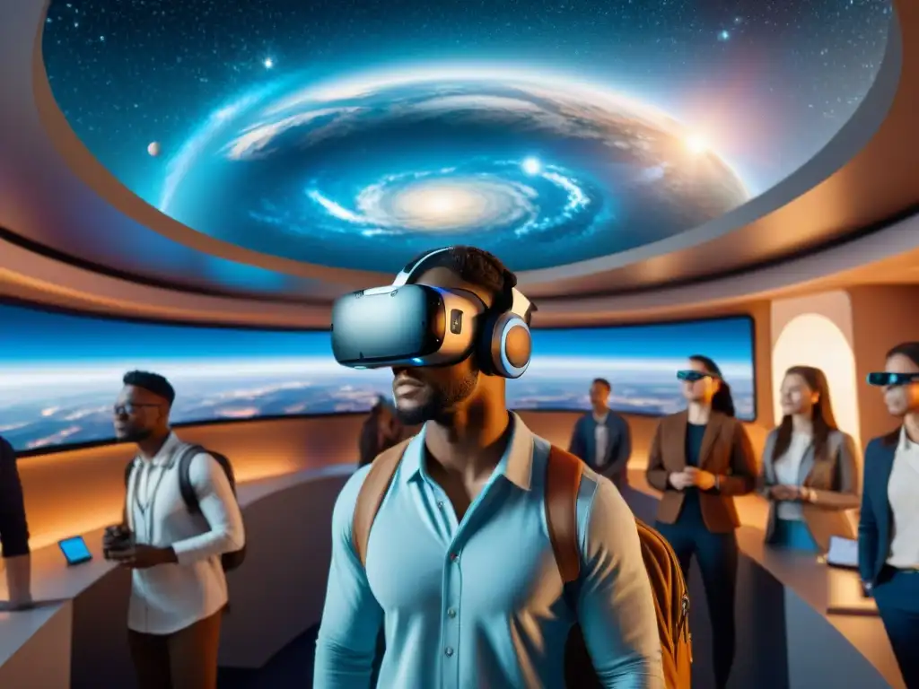 Simuladores educativos exploración espacial: Estudiantes asombrados exploran el cosmos en VR futurista