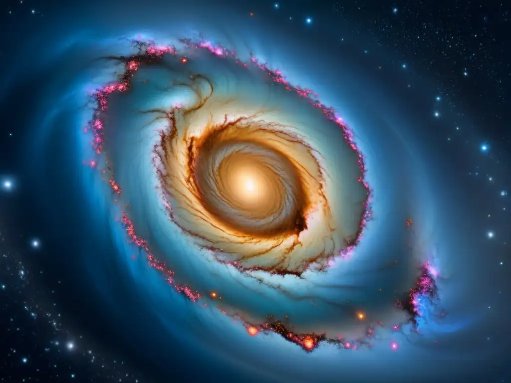 Simuladores espaciales para explorar galaxias: Vista detallada de una galaxia espiral con un agujero negro en el centro y cuerpos celestes circundantes