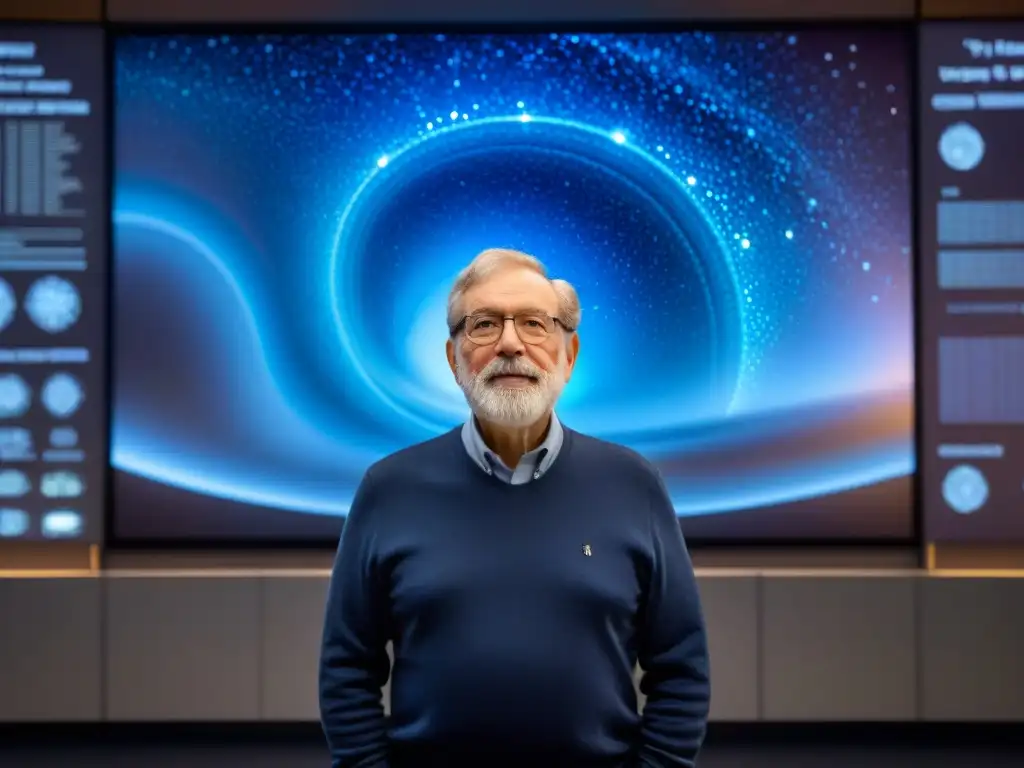 George Smoot maravillado frente al fondo cósmico de microondas en un laboratorio de cosmología