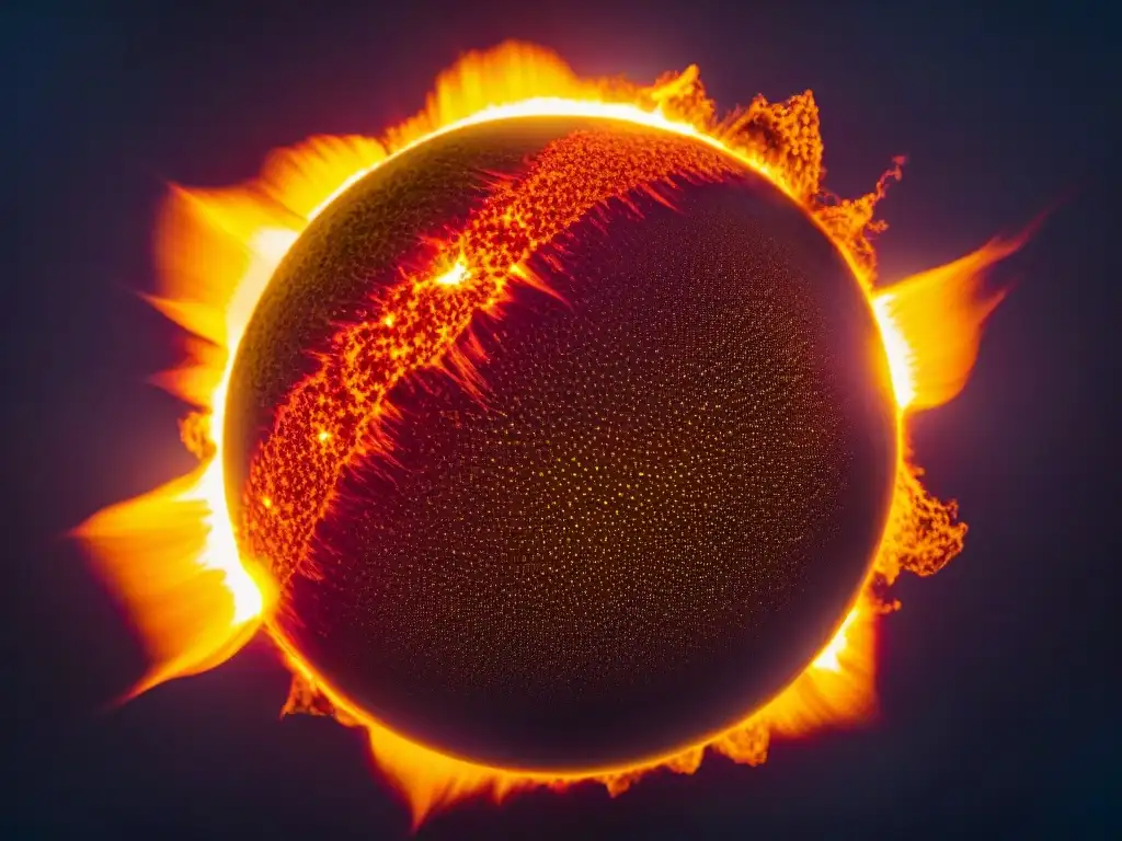 Un sol vibrante con delicadas llamaradas solares y prominencias, reflejando la intensidad y belleza de nuestra estrella