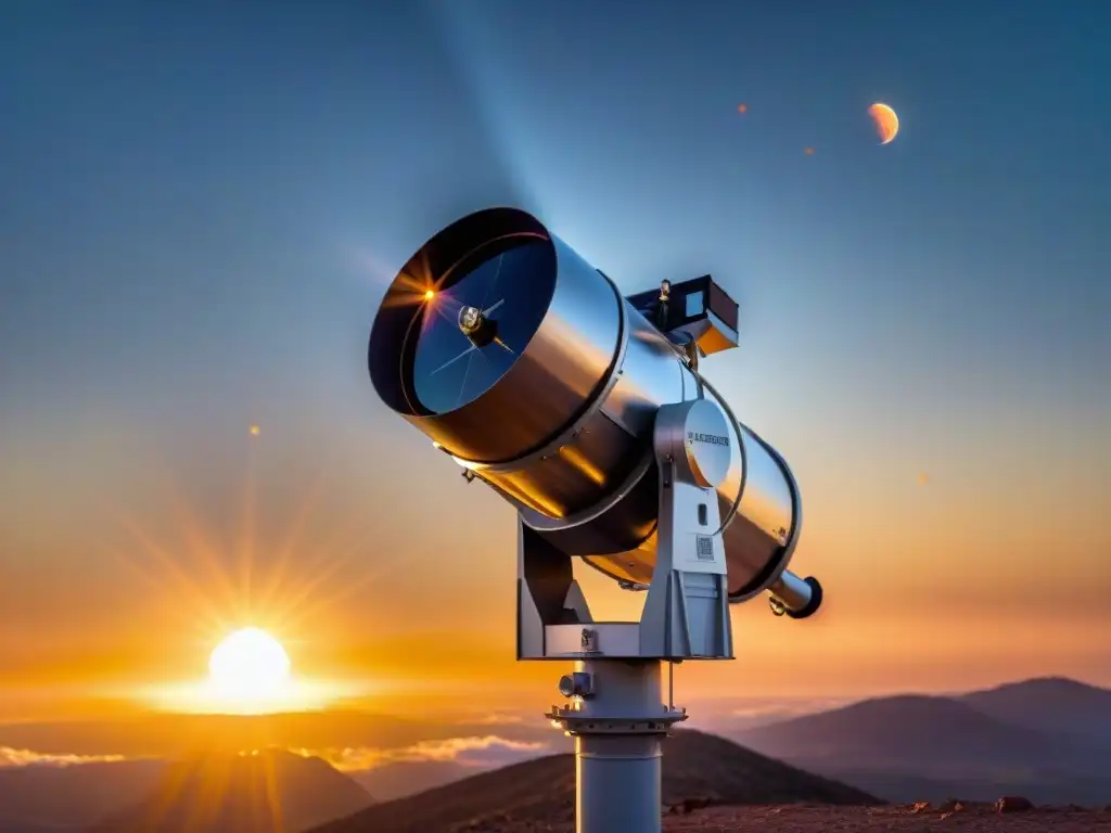 Estación de observación solar con telescopio apuntando al sol, científicos analizando datos en computadoras, manchas solares y llamaradas solares