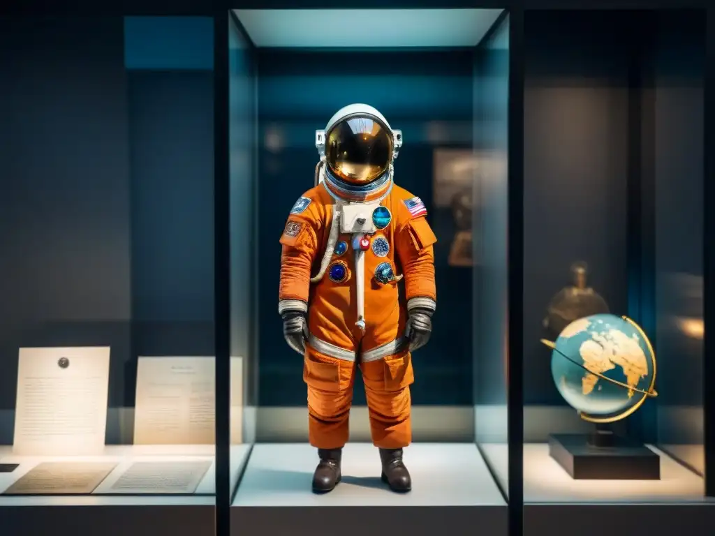 Exhibición solemne de traje espacial de Yuri Gagarin rodeado de diarios olvidados y reliquias, en penumbra