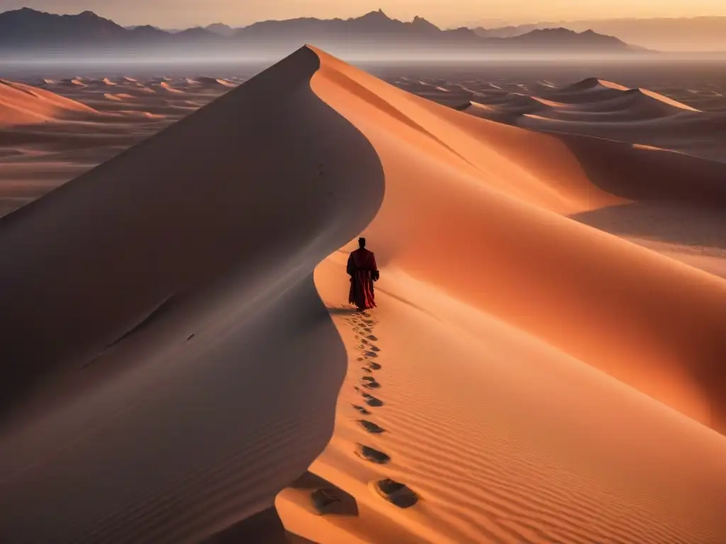 Un solitario caminante en un desierto de dunas bajo un cielo carmesí