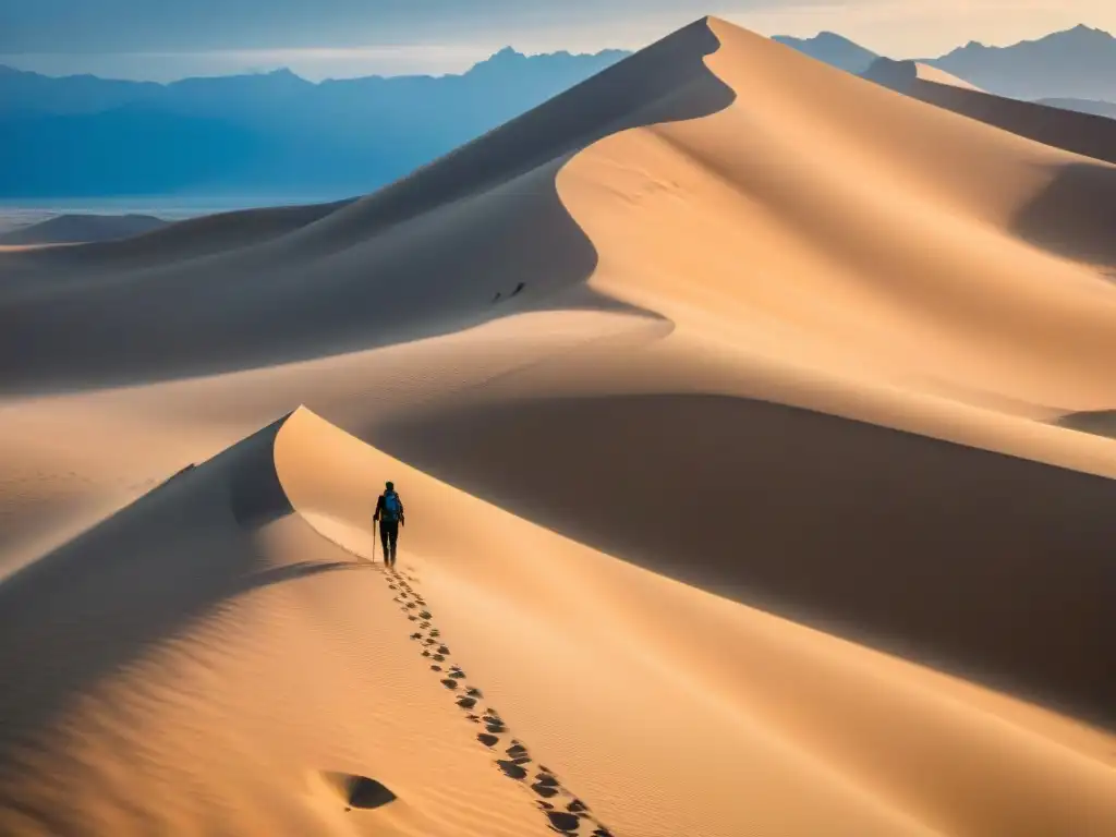 Un solitario caminante atraviesa vastos y dorados médanos bajo un cielo azul, recordando la influencia de Dune en la ciencia ficción