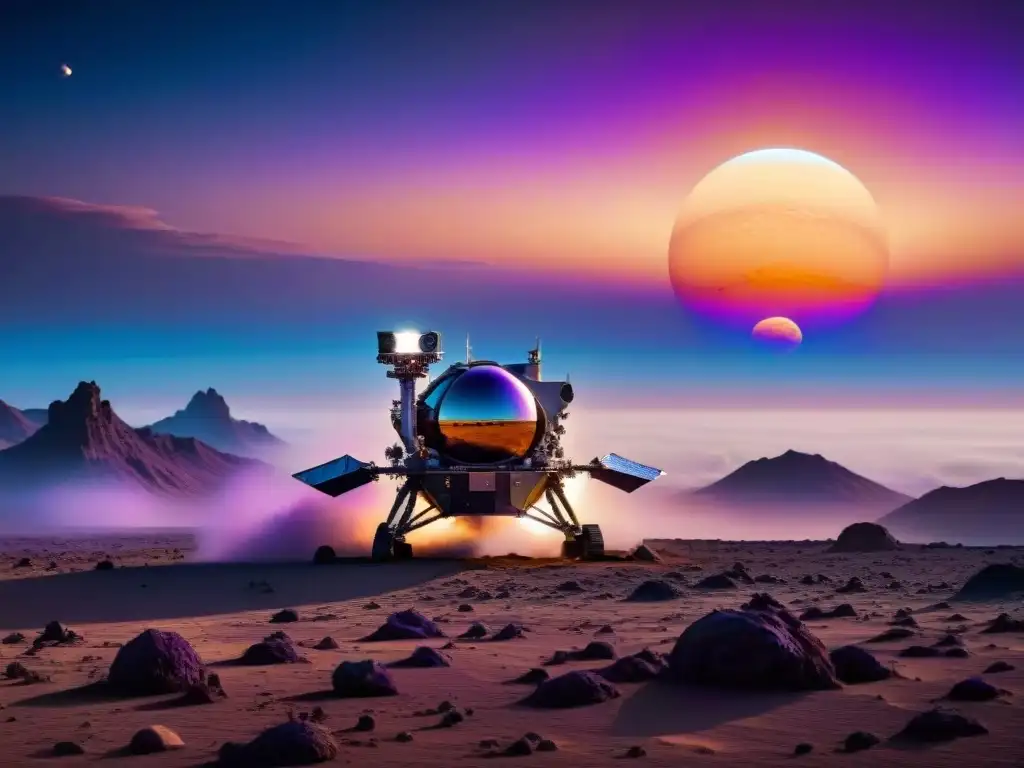 Exploración alienígena: sonda espacial en exoplaneta Una sonda espacial futurista explora un exoplaneta alienígena, con vida en el universo astrobiología