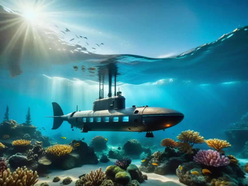 Exploración oceánica: submarino futurista navega entre arrecifes de coral, criaturas marinas y ruinas antiguas en un paisaje submarino hipnótico