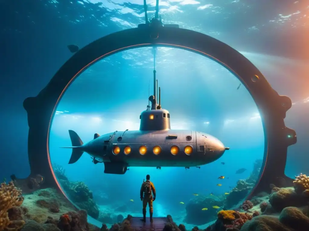 Exploración oceánica: submarino futurista en las profundidades, iluminado por luces brillantes