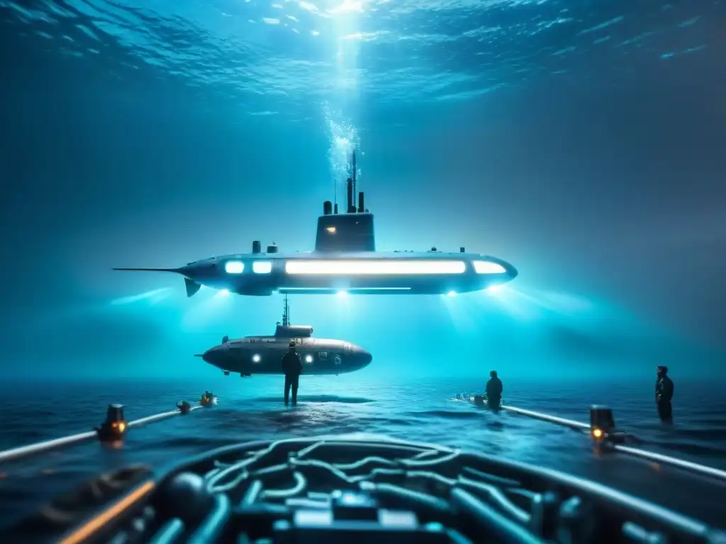 Un submarino futurista explorando las profundidades oceánicas, iluminado por criaturas bioluminiscentes