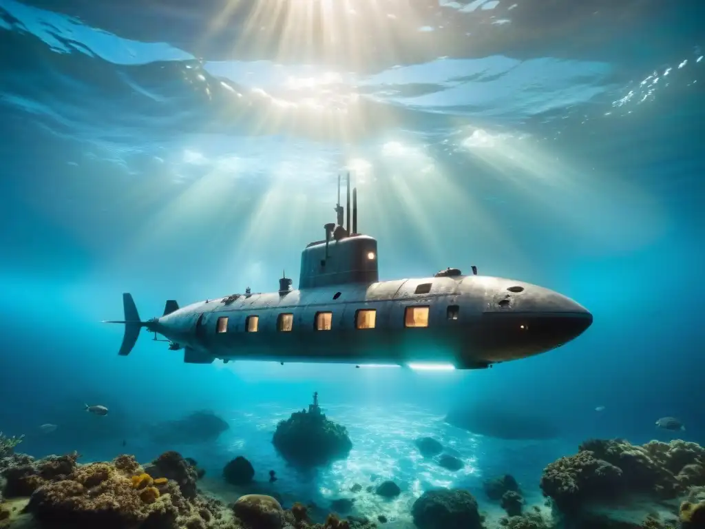 Submarino futurista en exploración oceánica con tecnología avanzada y atmósfera de ciencia ficción