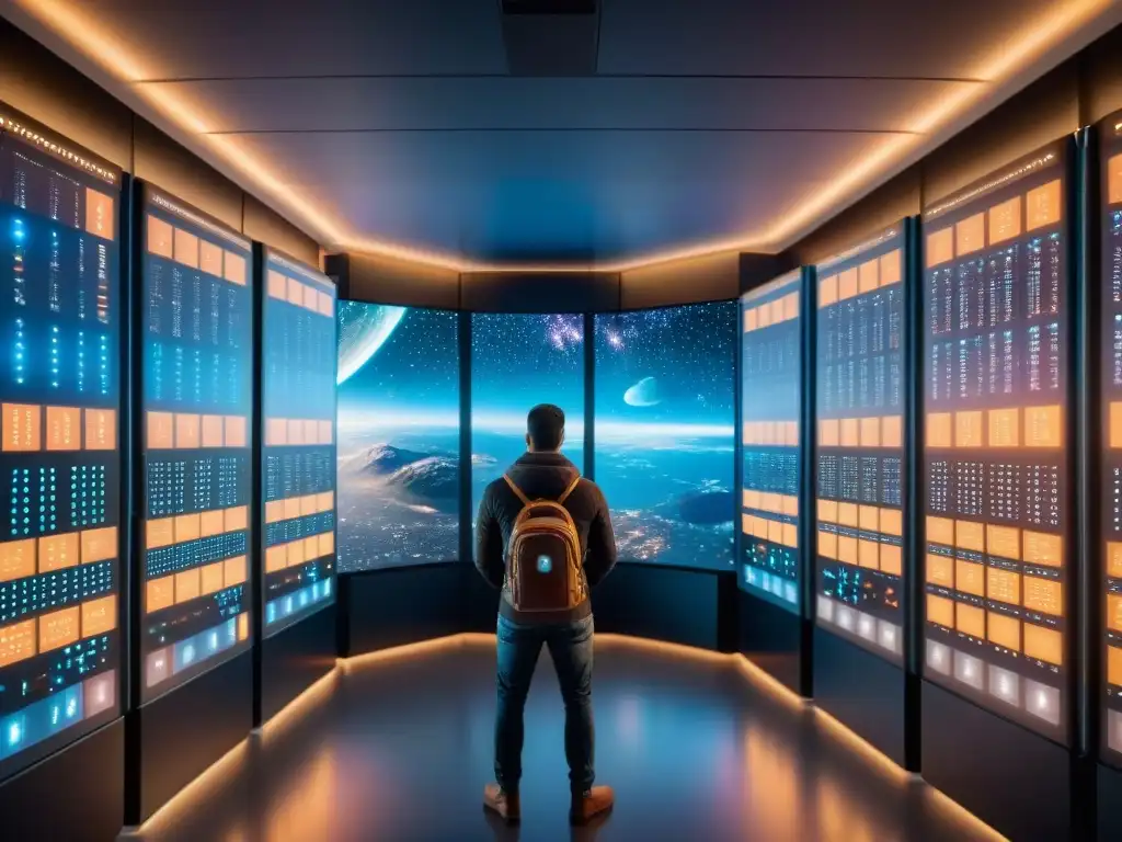 Supercomputadora brillante: fusión de IA y exploración espacial Supercomputadora brillante rodeada de datos espacio profundo IA y vista estelar