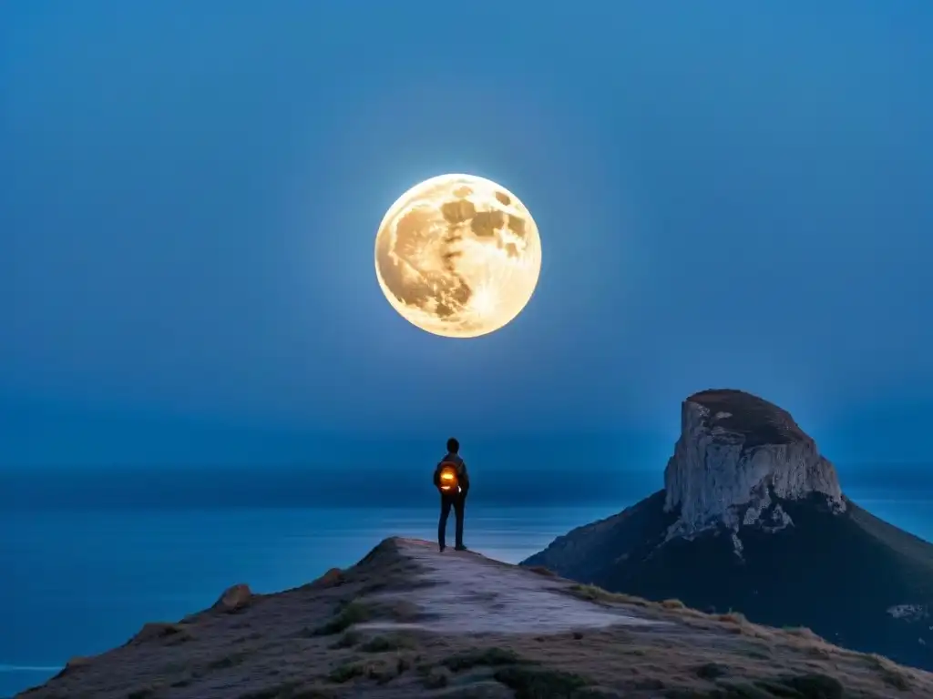 Una superluna impactante iluminando la noche, con la silueta de una figura admirando maravillada