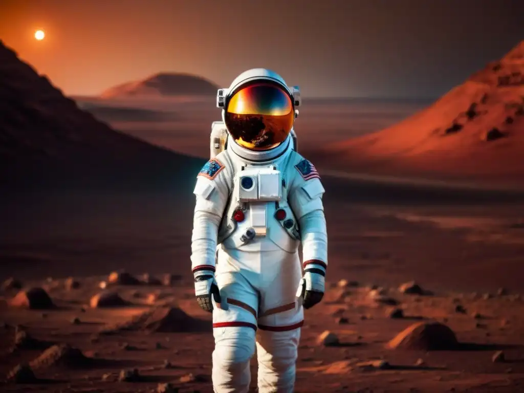 Supervivencia emocional: astronauta solo en Marte, reflejando el paisaje rojo al atardecer