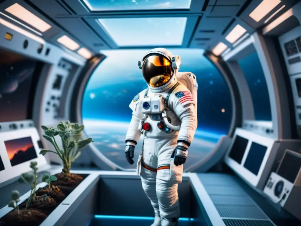 IA en la supervivencia espacial: Astronauta y robots en estación espacial, cuidando plantas y reparando equipos para sobrevivir en el espacio