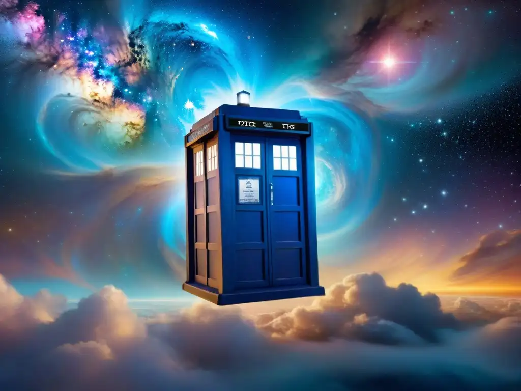 La TARDIS de Doctor Who emerge en una nebulosa vibrante, evocando exploración espacial en Doctor Who