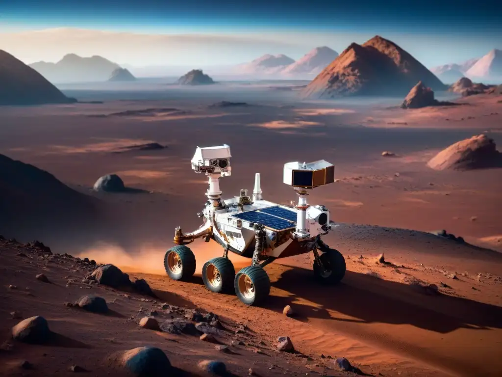 Exploración en Marte: rover tecnológico surcando terreno marciano, innovando en la vastedad del espacio