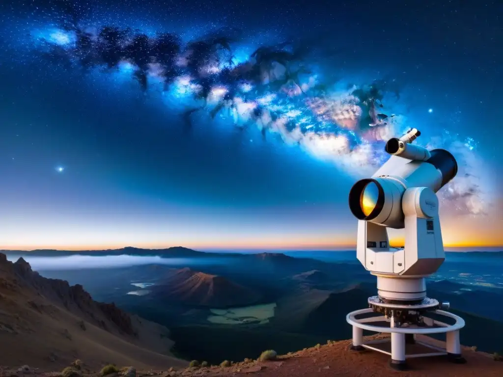 Telescopio de alta tecnología en montaña remota, capturando la Vía Láctea