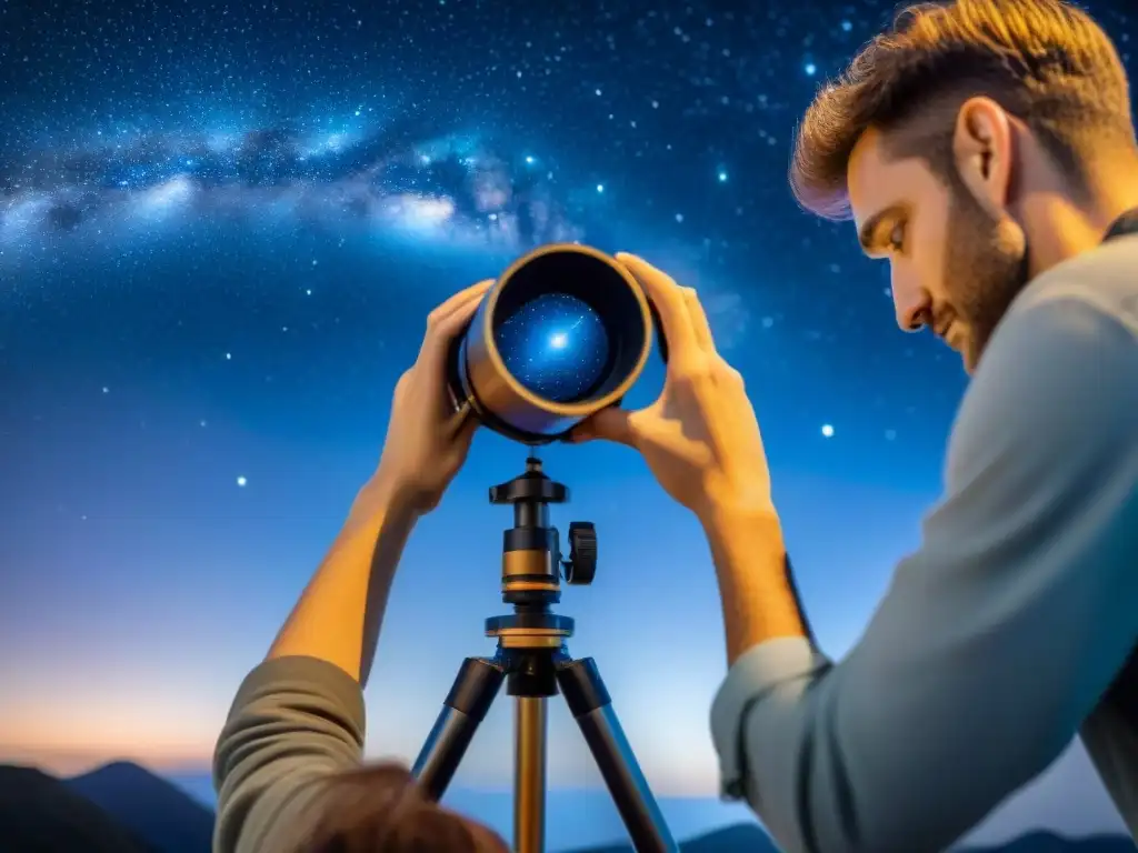 Construyendo un telescopio casero con materiales sencillos bajo un cielo estrellado, manos ajustan lentes y enfoque