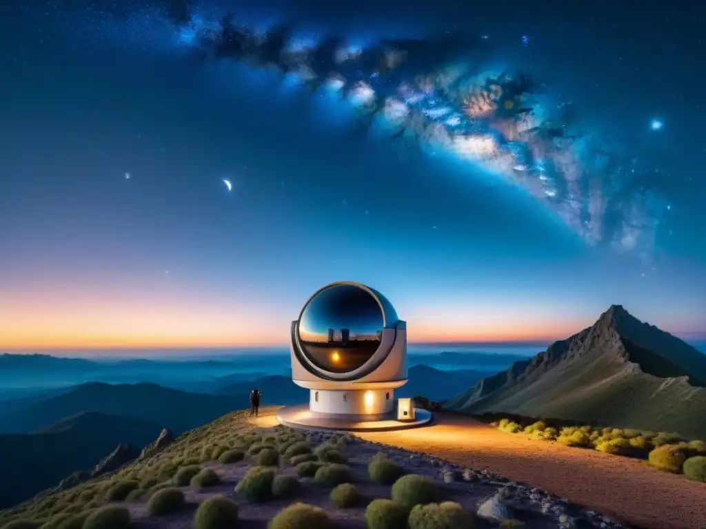 Telescopio en cumbre remota, reflejando luz lunar entre galaxias y nebulosas