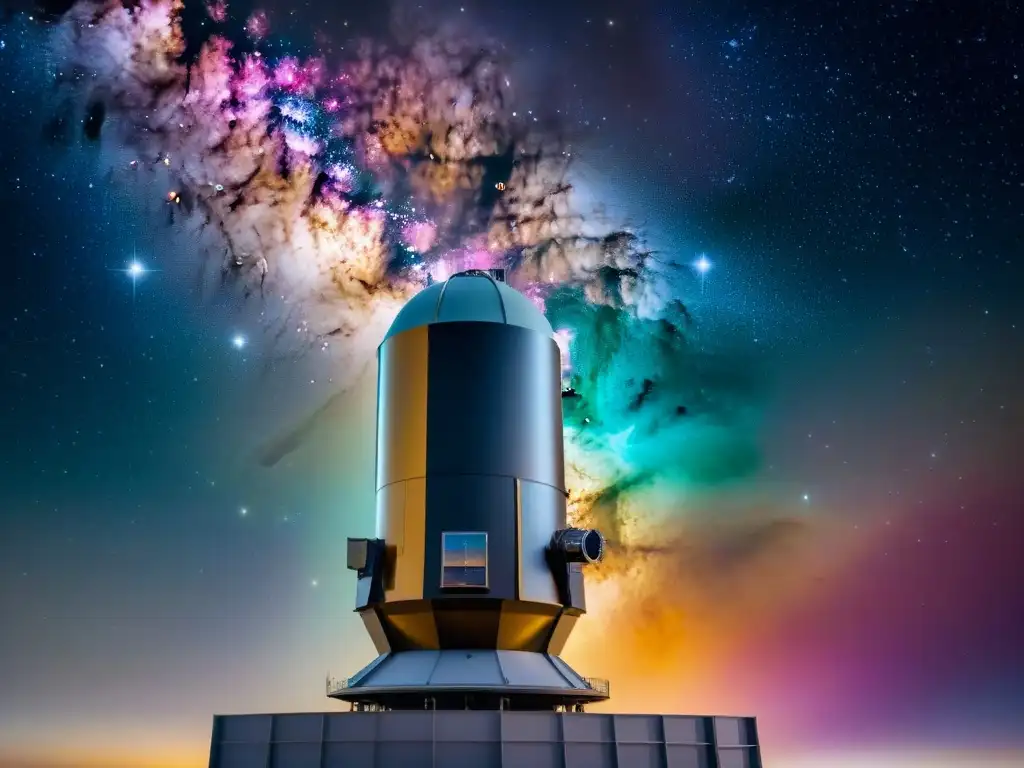 Telescopio espacial Nancy Grace Roman frente a una nebulosa colorida, creando un ambiente de exploración del universo