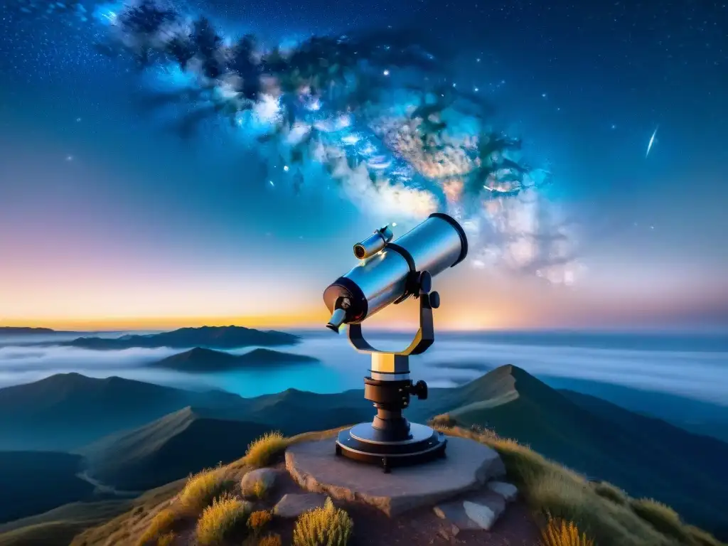 Telescopio para observar galaxias lejanas en la cima de una montaña bajo un cielo estrellado despejado