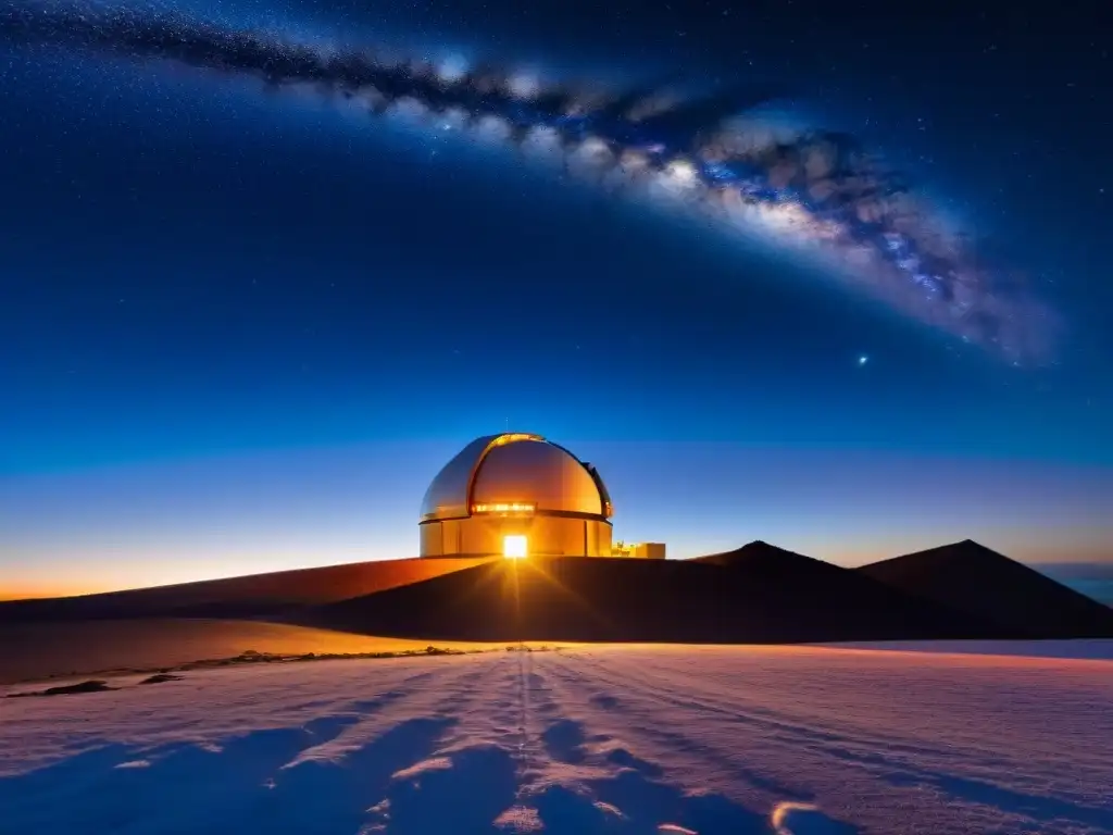 Telescopio gigante en Mauna Kea, Hawaii, observando el cosmos estrellado, en búsqueda de respuestas cósmicas