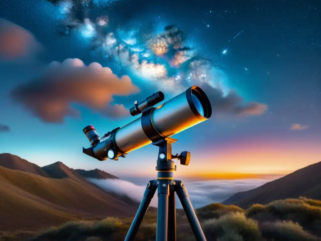 Un telescopio moderno bajo un cielo estrellado, mostrando galaxias y nebulosas