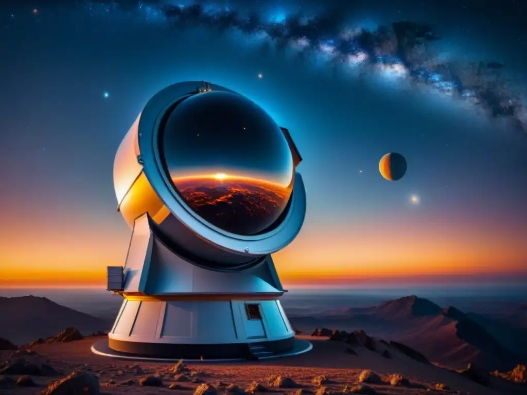 Un telescopio de observatorio espacial escaneando el cielo nocturno, capturando un exoplaneta distante