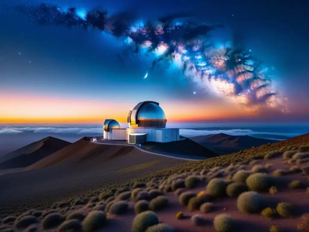 Telescopios avanzados descubrimientos espaciales: Majestuosos telescopios del VLT al atardecer, destacando en el cielo estrellado