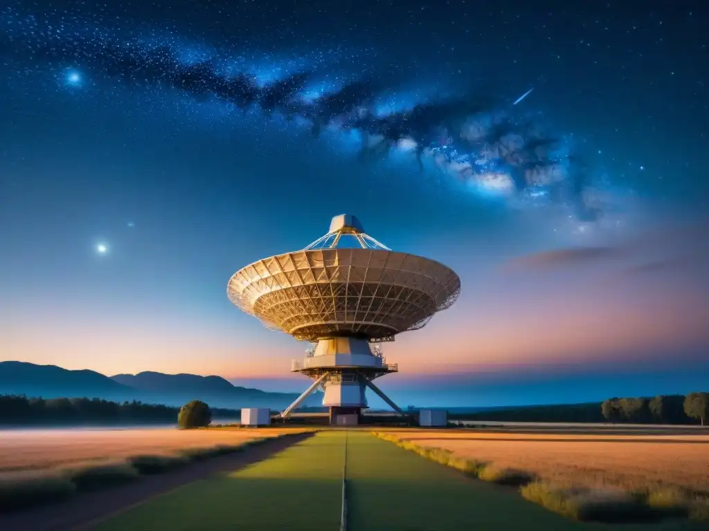 Telescopios de Radio Revelan Secretos: Array de telescopios captando señales de galaxias distantes bajo un cielo estrellado y mágico