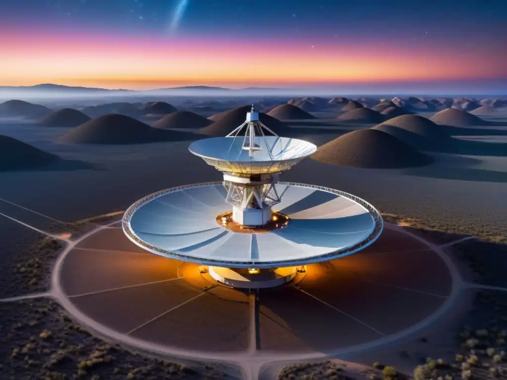 Telescopios de Radio Revelan Secretos: Array en desierto remoto apunta al cielo estrellado, iluminado por la Vía Láctea