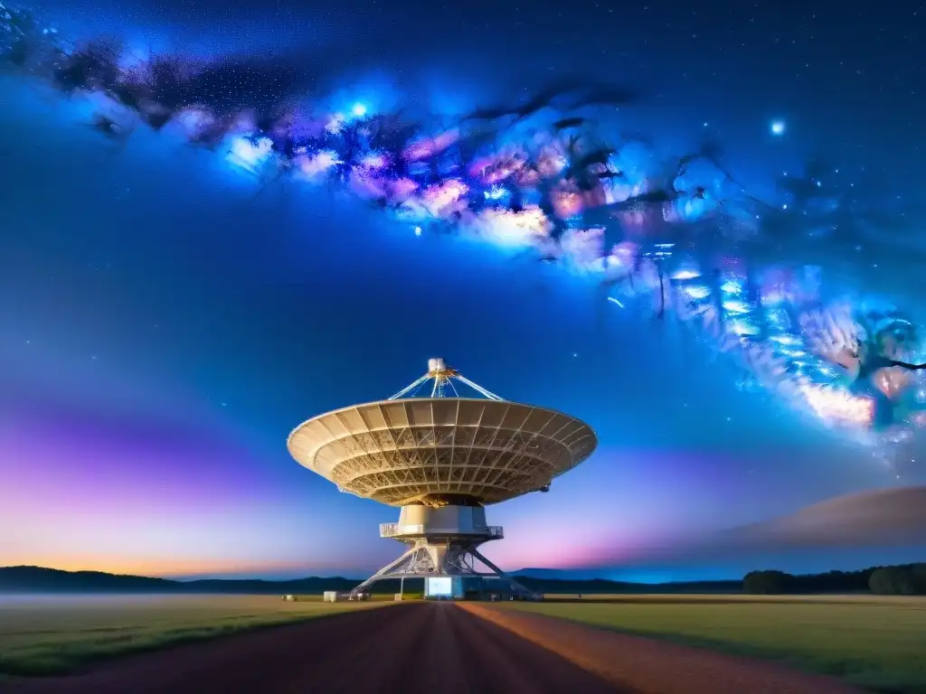 Telescopios de Radio Revelan Secretos: Majestuoso array de telescopios ante la Vía Láctea en tonos azules y morados, capturando misterios cósmicos