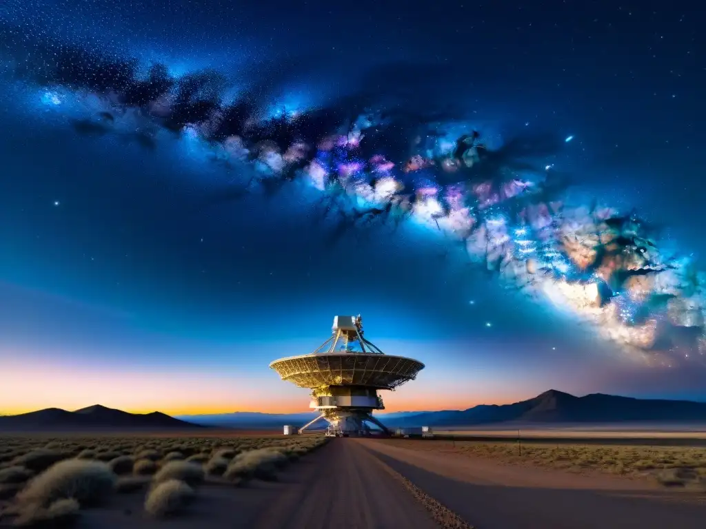 Telescopios de Radio Revelan Secretos: Red de antenas del VLA captando señales en la noche estrellada y la galaxia Vía Láctea