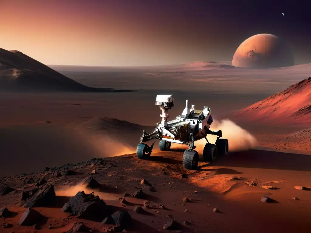 Exploración en Marte: rover Curiosity avanza en terreno marciano, cielo rojizo al atardecer