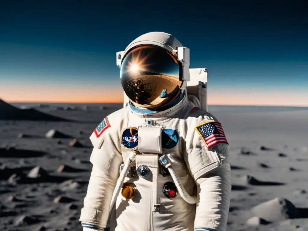 El texto ALT es: 'Michael Collins astronauta Apolo 11 solo en el espacio, con la Tierra y la Luna al fondo, reflejando determinación y contemplación'