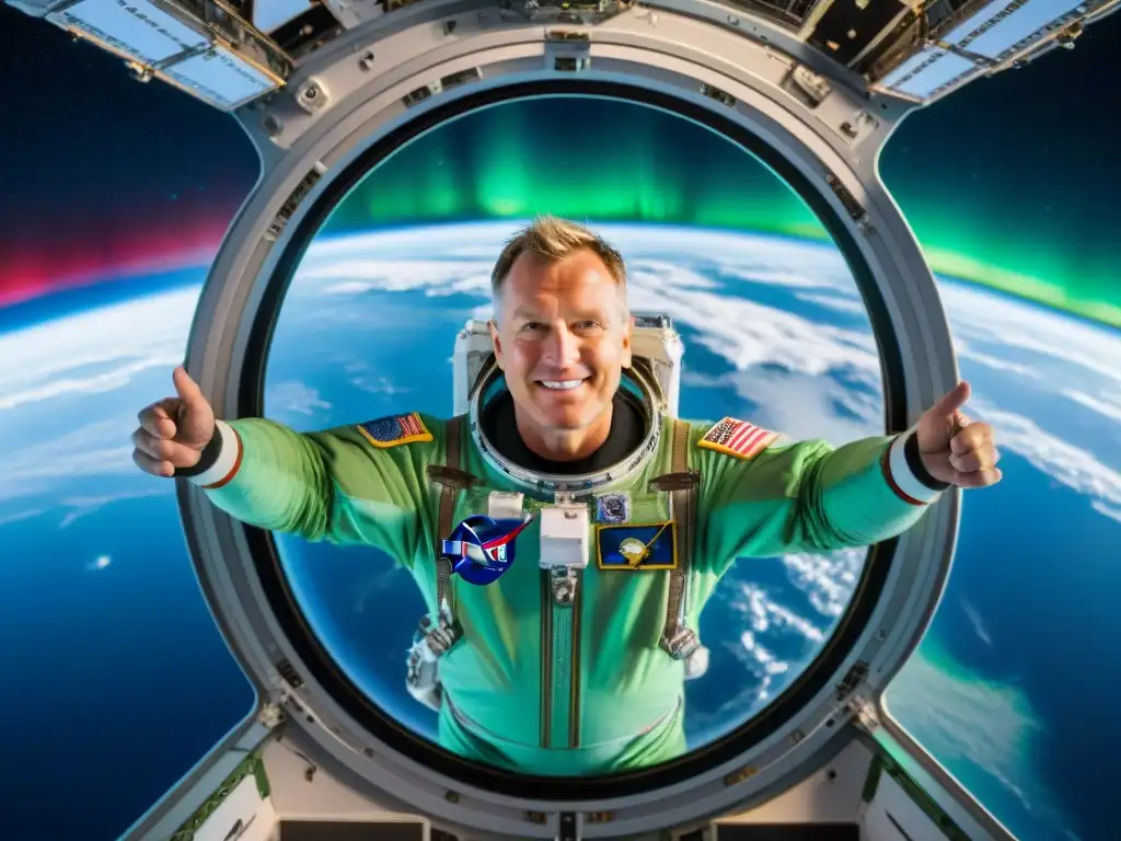 Fotografía de la Tierra desde el espacio con Terry Virts en la Estación Espacial Internacional, capturando una aurora verde