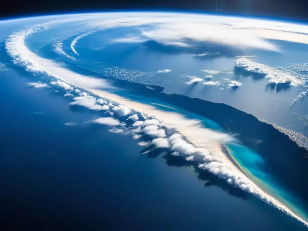 La Tierra vista desde la Estación Espacial Internacional, con sus océanos azules, nubes blancas y luces de ciudades brillando en los continentes