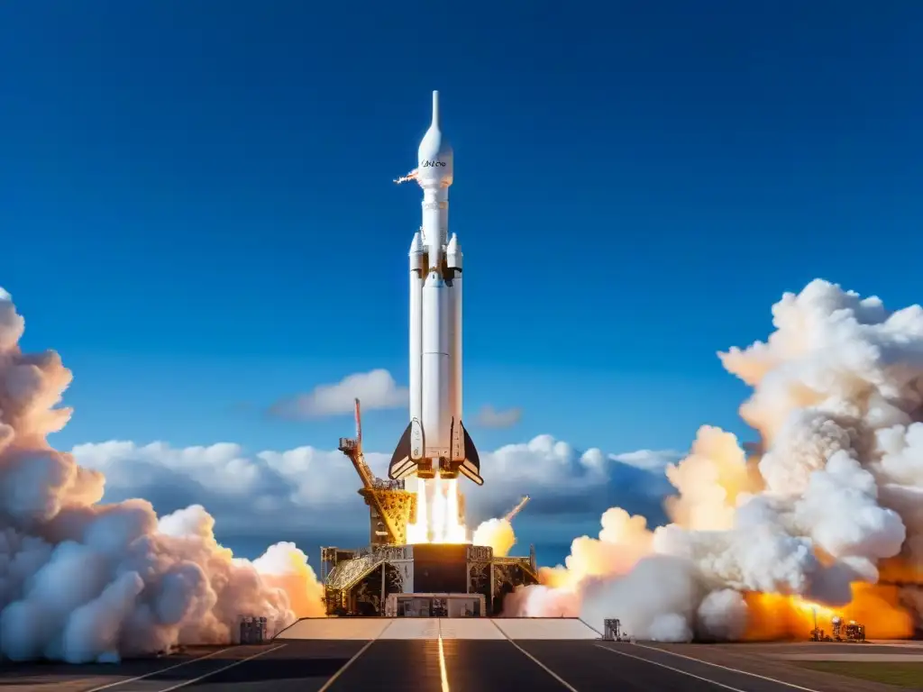 Un titanio de la innovación: el cohete SpaceX Falcon Heavy en la plataforma de lanzamiento, listo para despegar hacia el infinito