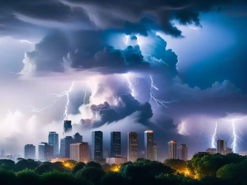 Tormenta apocalíptica sobre la ciudad, con rayos y nubes oscuras