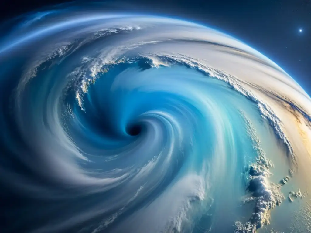 Tormentas gigantes en Neptuno: detallada imagen de los remolinos masivos en tonos azules y blancos turbulentos, transmitiendo su belleza y poder