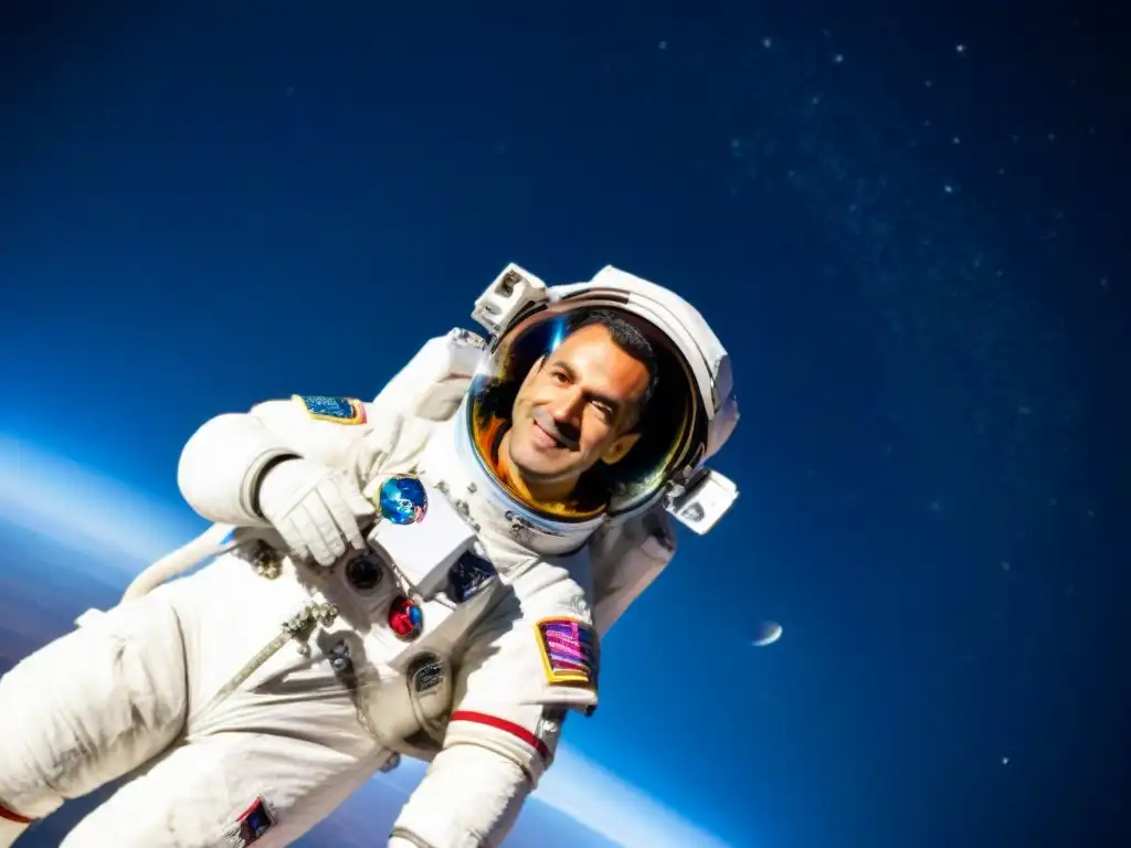 Pedro Duque en su traje de astronauta, flotando en el espacio con la Tierra de fondo, reflejando asombro y determinación