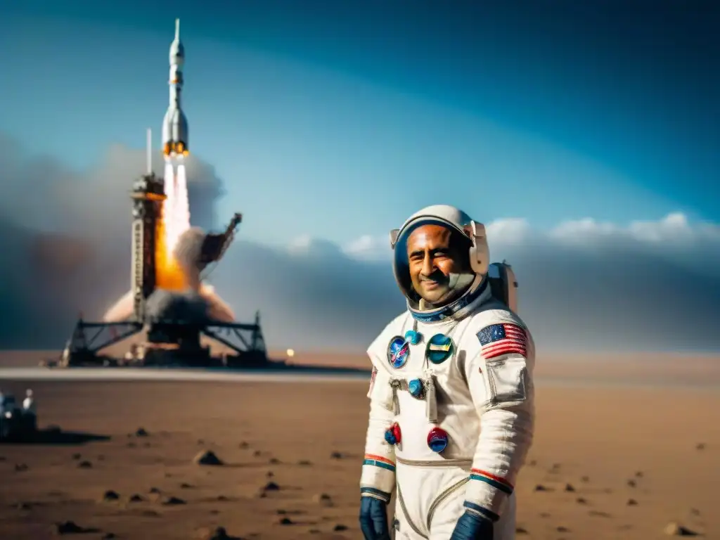 Rakesh Sharma en traje de astronauta frente a la nave espacial, con la Tierra de fondo