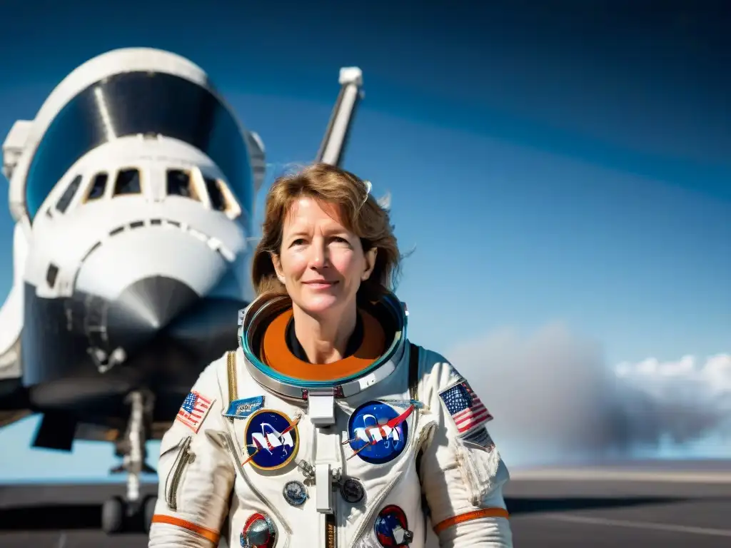 Eileen Collins en traje de astronauta frente al transbordador espacial, reflejando la Tierra en su casco