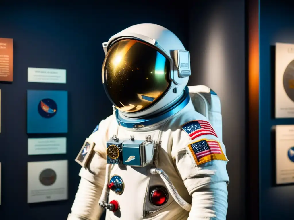 Traje de astronauta vintage detallado en museo, resalta historia y evolución tecnológica