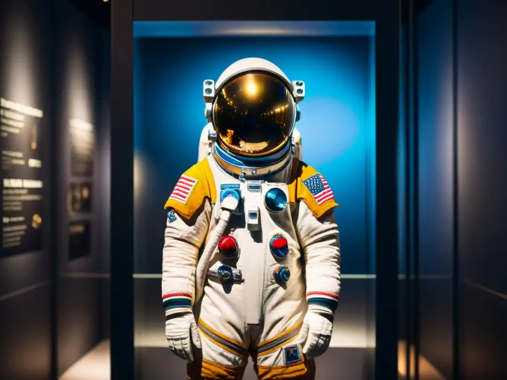 Traje espacial antiguo en exposición de pioneros de la carrera espacial, ambiente educativo e inmersivo