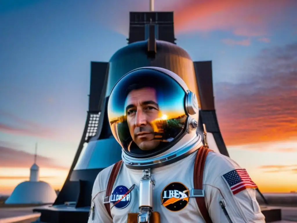 Gus Grissom en su traje espacial, frente a la nave Liberty Bell 7, reflejando historia y legado en su rostro al atardecer