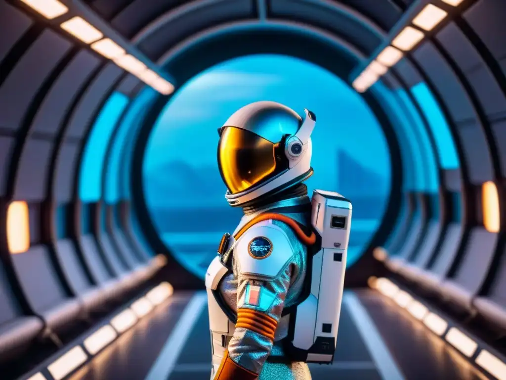 Traje espacial futurista integrando ciencia ficción y realidad, en estación espacial con la Tierra de fondo