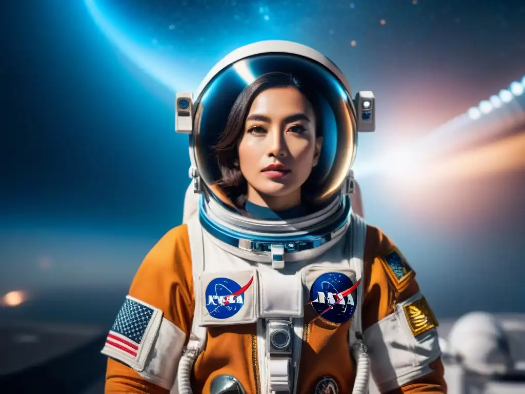 Traje espacial femenino: innovación estelar y empoderamiento Un traje espacial futurista para mujeres ante un telón de estrellas y galaxias