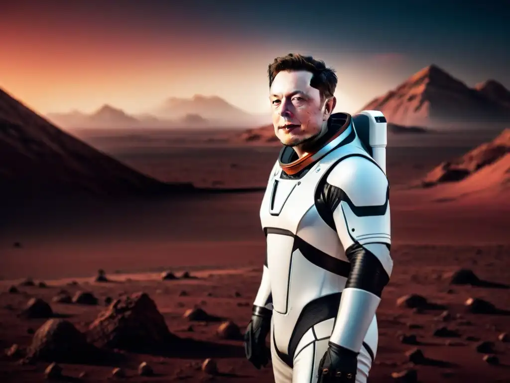 Colonización de Marte por Elon Musk: Elon Musk en traje espacial futurista, en Marte con una nave avanzada al fondo