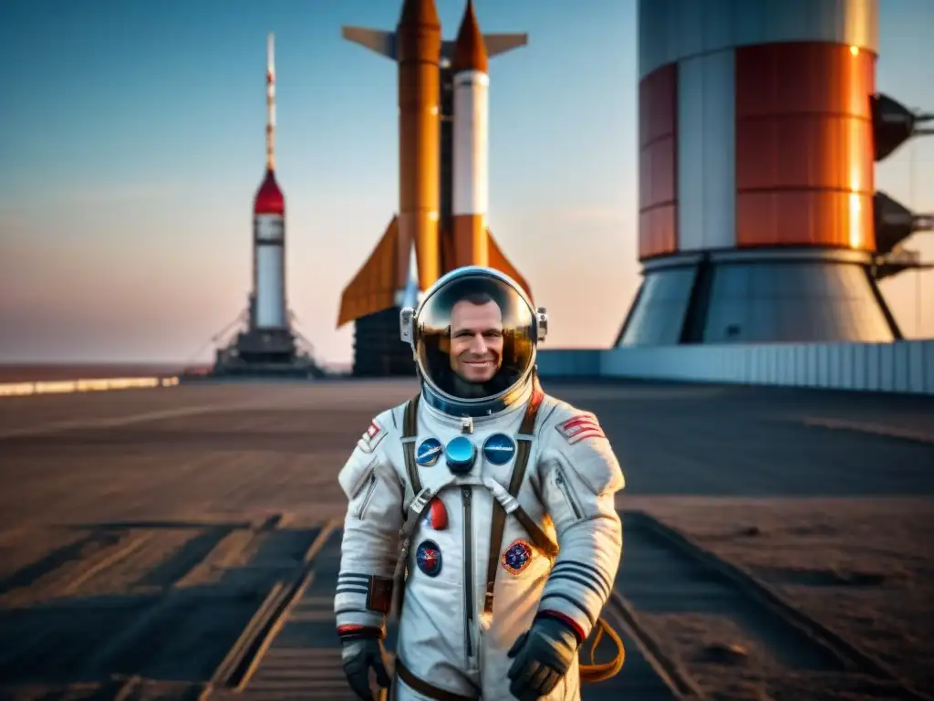 Yuri Gagarin en su traje espacial, junto a la nave Vostok 1 en el cosmódromo de Baikonur