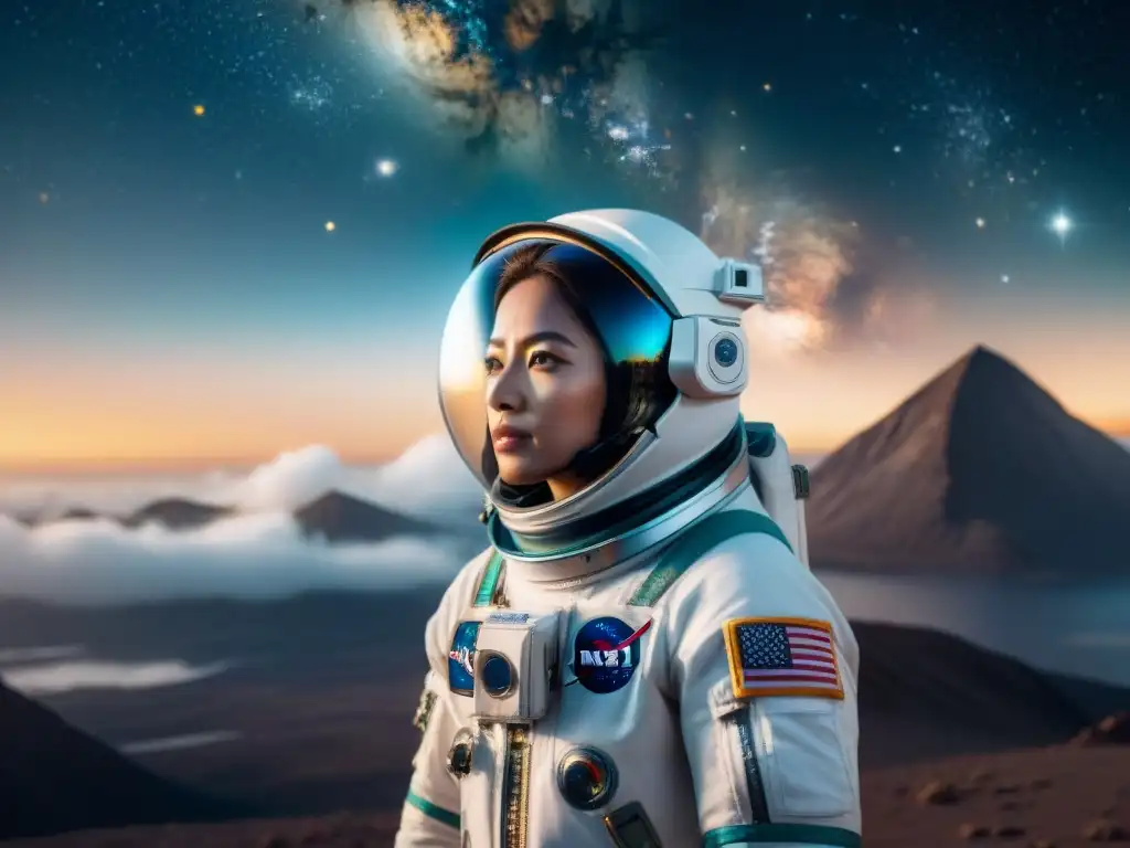 Exploradora del cosmos: avance tecnológico en traje espacial femenino Un traje espacial para mujeres en el cosmos, reflejando inclusividad y progreso en la exploración espacial